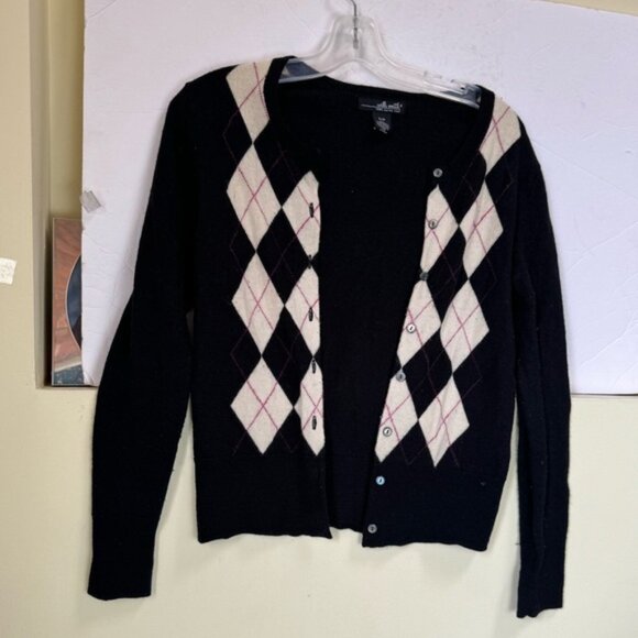 Willi Smith Vintage Y2K 100% Merino Wool Argyle Cardigan Sweater Preppy Minimal - Picture 3 of 15